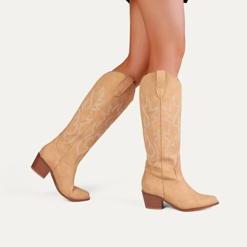 Women Camel Polyurethane Embroidered Chunky Stacked Heel Knee High Western Boots